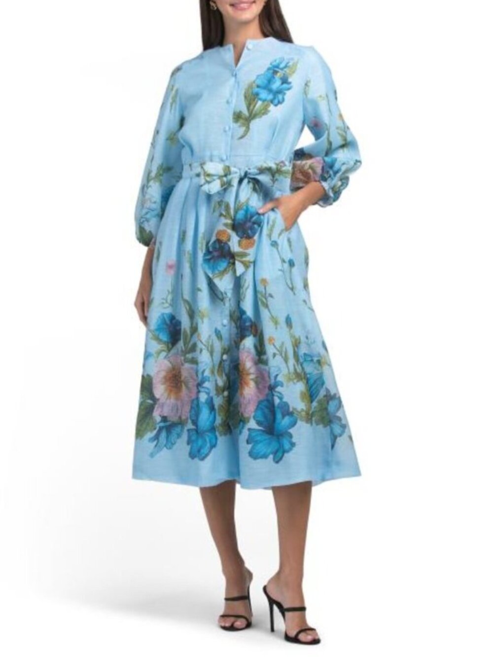 NANCY YANG Belted Floral Shirt Dress